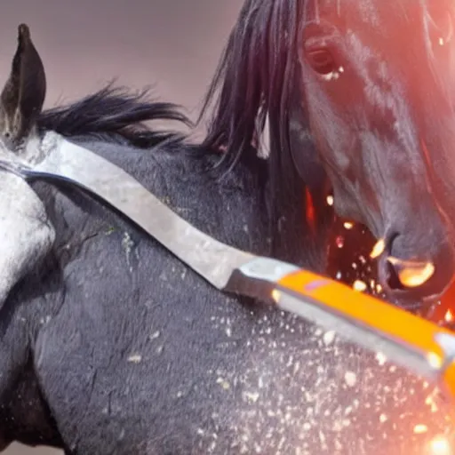 Image similar to a horse being sliced in half by a ninja with a chainsaw 4 k real