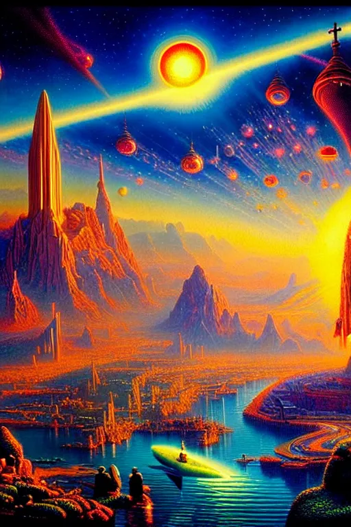Prompt: a photorealistic detailed ornate cinematic image of a beautiful vibrant iridescent future utopia for human evolution, spiritual science, divinity, holy, great view, by david a. hardy, kinkade, lisa frank, wpa, public works mural, socialist