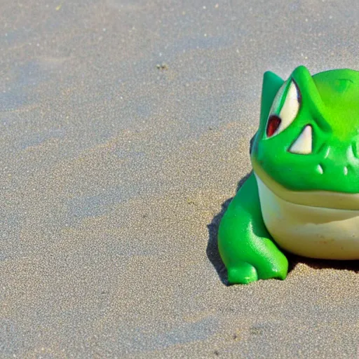 Image similar to Bulbasaur sunbathing on the beach