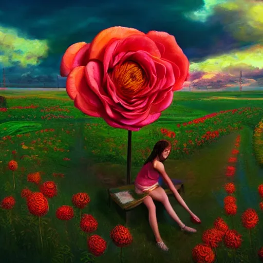 Image similar to giant rose flower head, full body girl sitting in a flower field, surreal photography, sunrise, dramatic light, impressionist painting, colorful clouds, digital painting, artstation, simon stalenhag