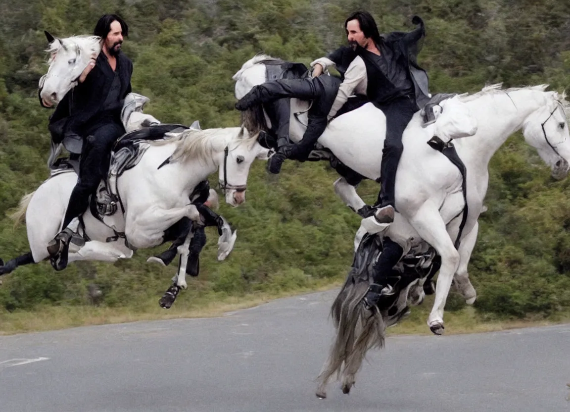 Image similar to keanu reeves riding a flying unicorn