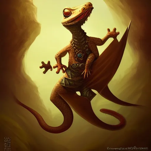 Image similar to Cute anthropomorphic Gecko as a Great Bagatur in Ancient Kazakh Khanate, Turkic, cover art, ultra wide lens shot, pretty, beautiful, DnD character art portrait, matte fantasy painting, DeviantArt Artstation, by Jason Felix by Steve Argyle by Tyler Jacobson by Peter Mohrbacher, cinematic lighting