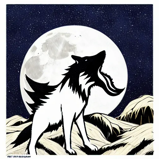 Image similar to wolf howling at the moon, design by Samurai Jack