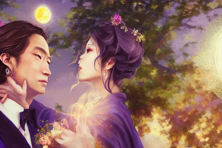 Image similar to a cinematic portrait of wedding photograph jpeg close up moment of a divine a japan sun god and moon goddess lovers magician at a wedding banquet. portraiture. digital painting. artstation. concept art. wedding photo. digital painting. violet evergarden art masterpiece by art by krenz cushart