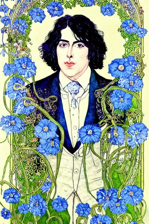 Image similar to realistic portrait of oscar wilde in the center of an ornate floral frame with blue meconopsis, detailed art by kay nielsen and walter crane, illustration style, watercolor