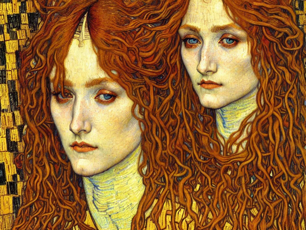 Image similar to detailed realistic beautiful young medieval queen face portrait by jean delville, gustav klimt and vincent van gogh, art nouveau, symbolist, visionary, gothic, pre - raphaelite, muted earthy colors, desaturated