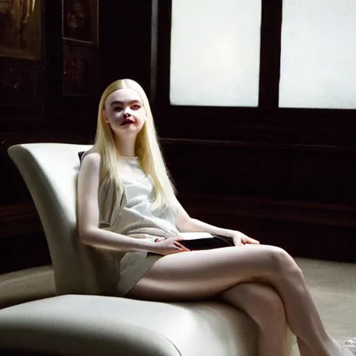 Prompt: Elle Fanning sitting on a white leather chair in the world of Johannes Vormeer, head and shoulders portrait, stormy weather, extremely detailed masterpiece, oil on canvas, low-key neon lighting, artstation, Blade Runner 2049, Roger Deakin’s cinematography, by J. C. Leyendecker and Peter Paul Rubens and Edward Hopper and Michael Sowa,