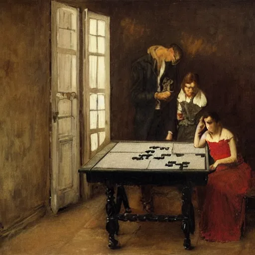 Image similar to a young man and a young woman solving an escape room puzzle, mysterious markings on the wall, by alfred stevens