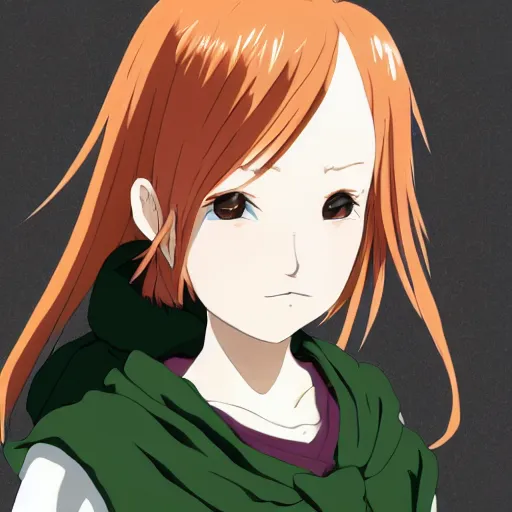 Image similar to a cute pretty young girl, with short ginger hair that is middle parted, with freckles, scowling and angry, with green eyes, wearing a black cloak, anime key visual, digital art, DD, concept art, trending on art station, 8k, official media from spirited away