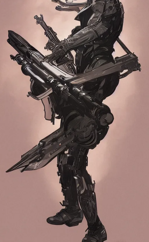 Prompt: a top view shot of a man in black futuristic armor, holding a gun up to the sky, alphonse mucha , greg rutowski, illustration, science fiction, concept art, digital painting, Trending on artstation