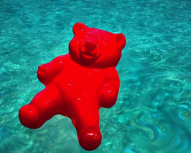 Prompt: a giant sculpture of a giant gummy bear on the ocean water, award winning, hyper - realistic, very detailed, realistic water, water splashes, ray tracing, 8 k resolution, long - shot, sharp focus, low angle, 8 5 mm photograph, wide lens