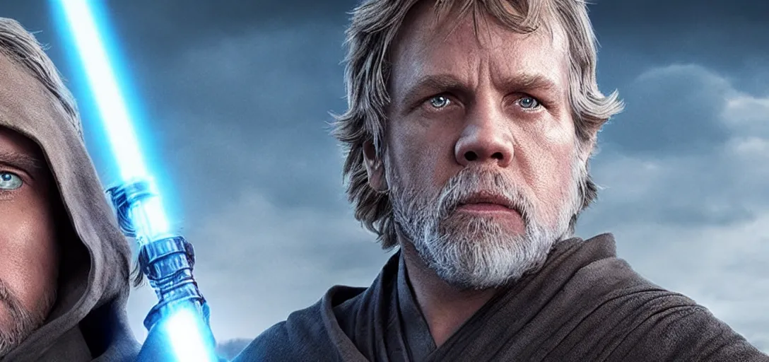 Image similar to Jedi master Luke Skywalker from the last jedi standing alone in heroic pose hyper realistic 4k