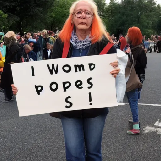 Image similar to a woman holding a sign that says