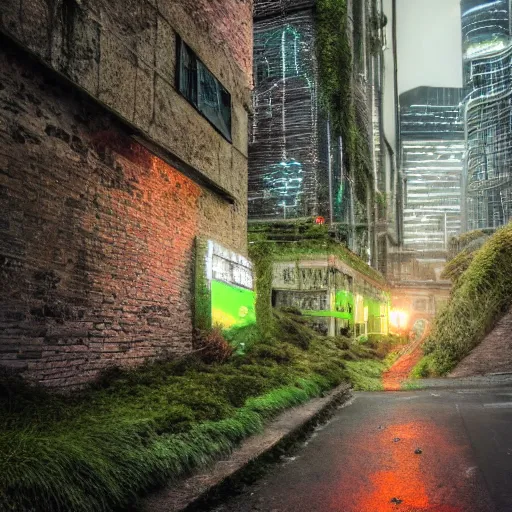 Image similar to photograph of a moss covered light house in the middle of a cyberpunk city on hills