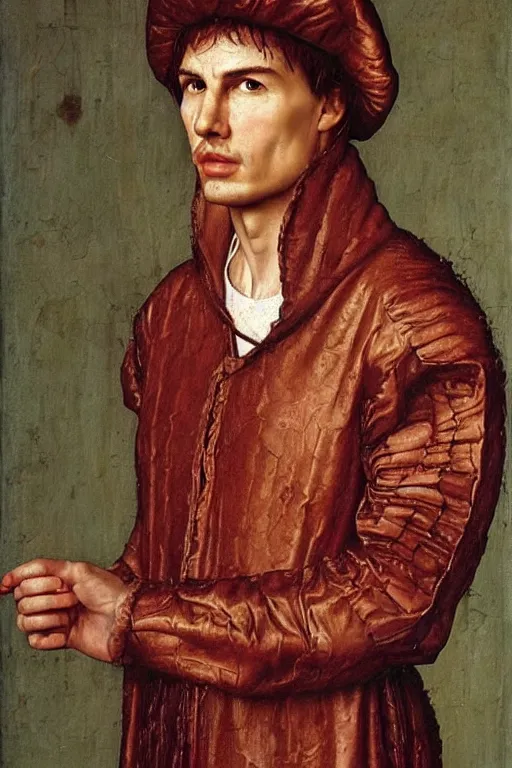 Image similar to renaissance 1 6 0 0 portrait of tom cruise, oil painting by jan van eyck, northern renaissance art, oil on canvas, wet - on - wet technique, realistic, expressive emotions, intricate textures, illusionistic detail