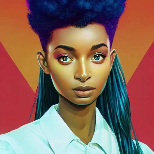 Image similar to electric yara shahidi, afrofuturism, cute - fine - face, pretty face, oil slick hair, realistic shaded perfect face, extremely fine details, realistic shaded lighting, dynamic background, poster by by ilya kuvshinov katsuhiro otomo, magali villeneuve, artgerm, jeremy lipkin and michael garmash and rob rey