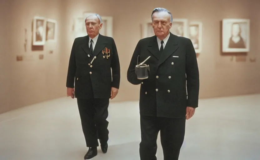 Image similar to 50s movie still close-up portrait of an elder soviet general walking in an empty museum, by David Bailey, Cinestill 800t 50mm eastmancolor, heavy grainy picture, very detailed, low quality video, 4k, HD criterion, precise texture and facial expression