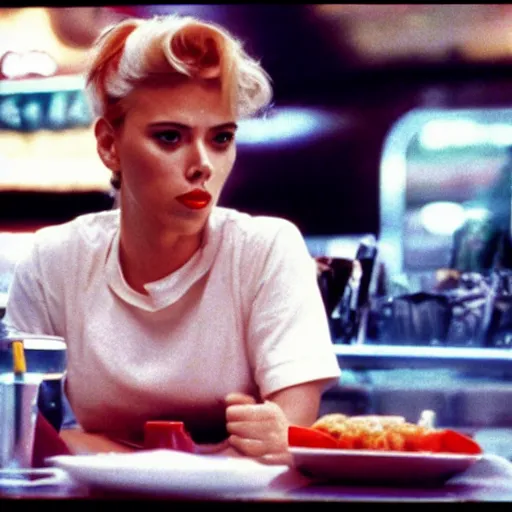 Prompt: a still of Scarlett Johansson at the double r diner in Twin Peaks (1990)