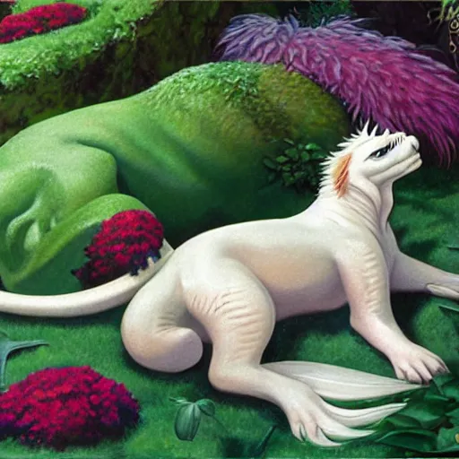 Image similar to falkor in a bright lush garden sleeping artwork by boris vallejo