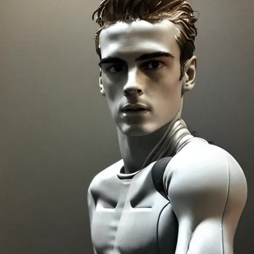 Image similar to “ a realistic detailed photo of a guy who is an attractive humanoid who is half robot and half humanoid, who is a male android, soccer player antoine griezmann, shiny skin, posing like a statue, blank stare, at the museum, on display ”