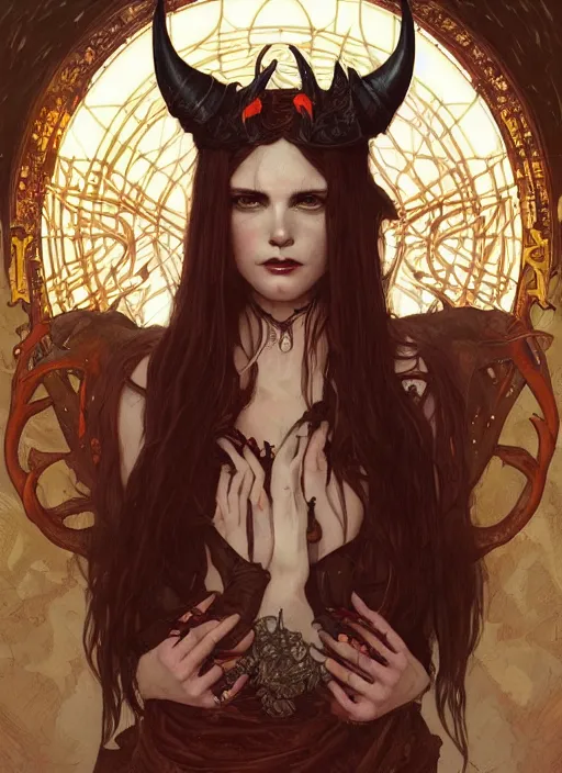 Image similar to a beautiful illustration of a satanic witch with horns in head, intricate, sharp focus, illustration, highly detailed, digital painting, concept art, matte, art by wlop and artgerm and greg rutkowski and alphonse mucha, masterpiece