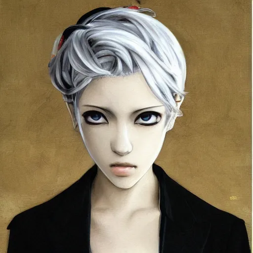 Image similar to Yoshitaka Amano realistic illustration of an anime girl with short white hair and black eyes wearing tuxedo, abstract black and white background, film grain effect, highly detailed, Renaissance oil painting