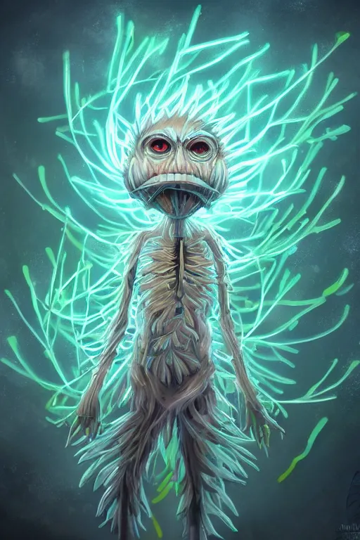 Image similar to a glowing humanoid figure dandelion monster with large glowing eyes, highly detailed, digital art, sharp focus, trending on art station, artichoke, anime art style