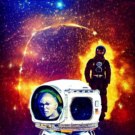 Prompt: double exposure portrait of astronaut and another astronaut with space and time in the the background by davinci, circles, psychedelic, pencil art, high definition, dynamic lighting stars, sharpness, golden ratio