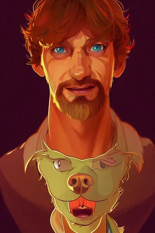 Prompt: a portrait of shaggy ( scooby - doo ), fantasy, sharp focus, intricate, elegant, digital painting, artstation, matte, highly detailed, concept art, illustration, ambient lighting, art by ilya kuvshinov, artgerm, alphonse mucha, and greg rutkowski