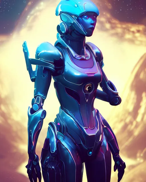 Image similar to perfect android girl on a mothership, warframe armor, beautiful face, scifi, futuristic, galaxy, nebula, raytracing, dreamy, long white hair, blue cyborg eyes, sharp focus, cinematic lighting, highly detailed, artstation, divine, by gauthier leblanc, kazuya takahashi, huifeng huang