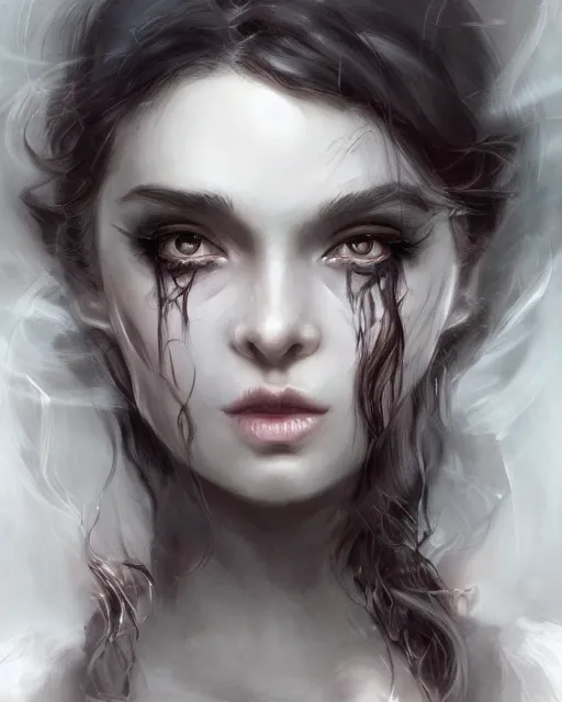 Prompt: portrait of demon girl, dreamy and ethereal, expressive pose, big black eyes, exciting expression, fantasy, intricate, elegant, dark and moody smoke, highly detailed, digital painting, artstation, concept art, smooth, sharp focus, illustration, art by artgerm and ross tran and james jean