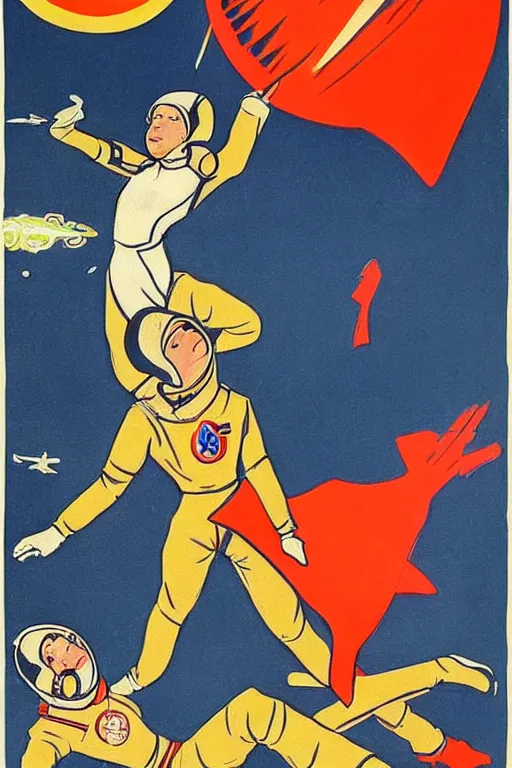 Prompt: Soviet propaganda art of a beautiful female cosmonaut fighting an alien.