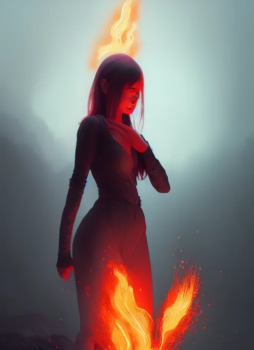 Image similar to satan daughter, wearing, outfit, clothes, full body, fire, hell, lightning, background, pyromancer, intricate, elegant, highly detailed, digital painting, artstation, concept art, smooth, sharp focus, illustration, ethereal, misty, by ilya kuvshinov and jeremy mann, 8 k, octane render