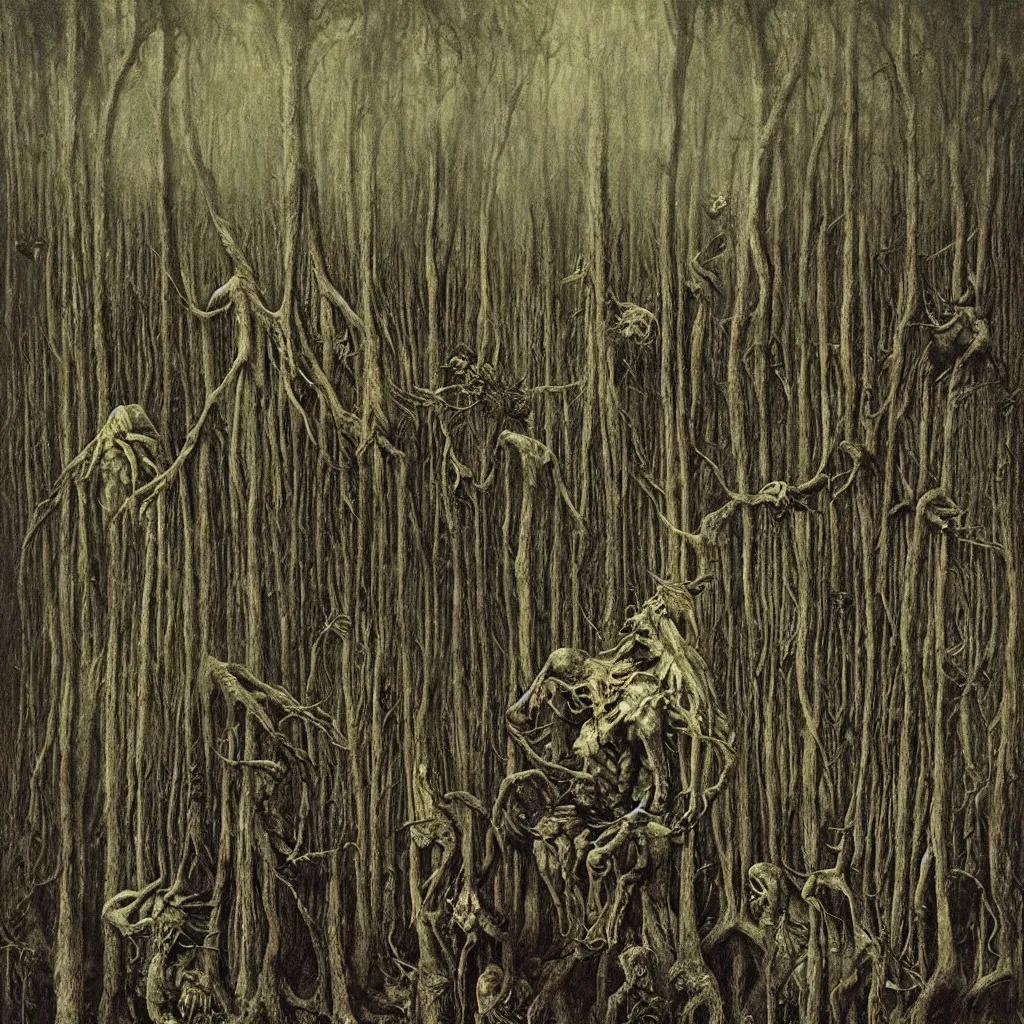 Image similar to a dark forest infested with vile, disgusting, horrible, contorted, insectoid, repugnant, evil, nauseating, vomit, grimy, demonic, insects, style of zdislaw beksinski