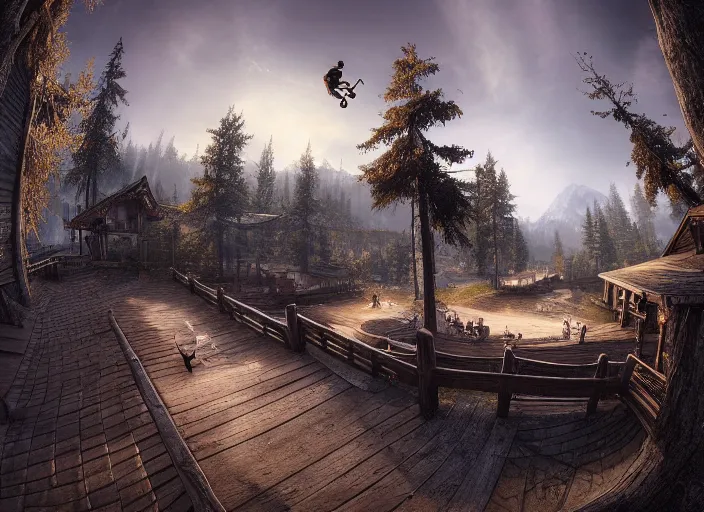 Image similar to a detailed beautiful matte painting of a skateboarder, kick flip, fantasy Riverwood village from The Elder Scrolls V: Skyrim, log homes, dirt road, trees by Mikko Lagerstedt and Raphael Lacoste, fisheye lens