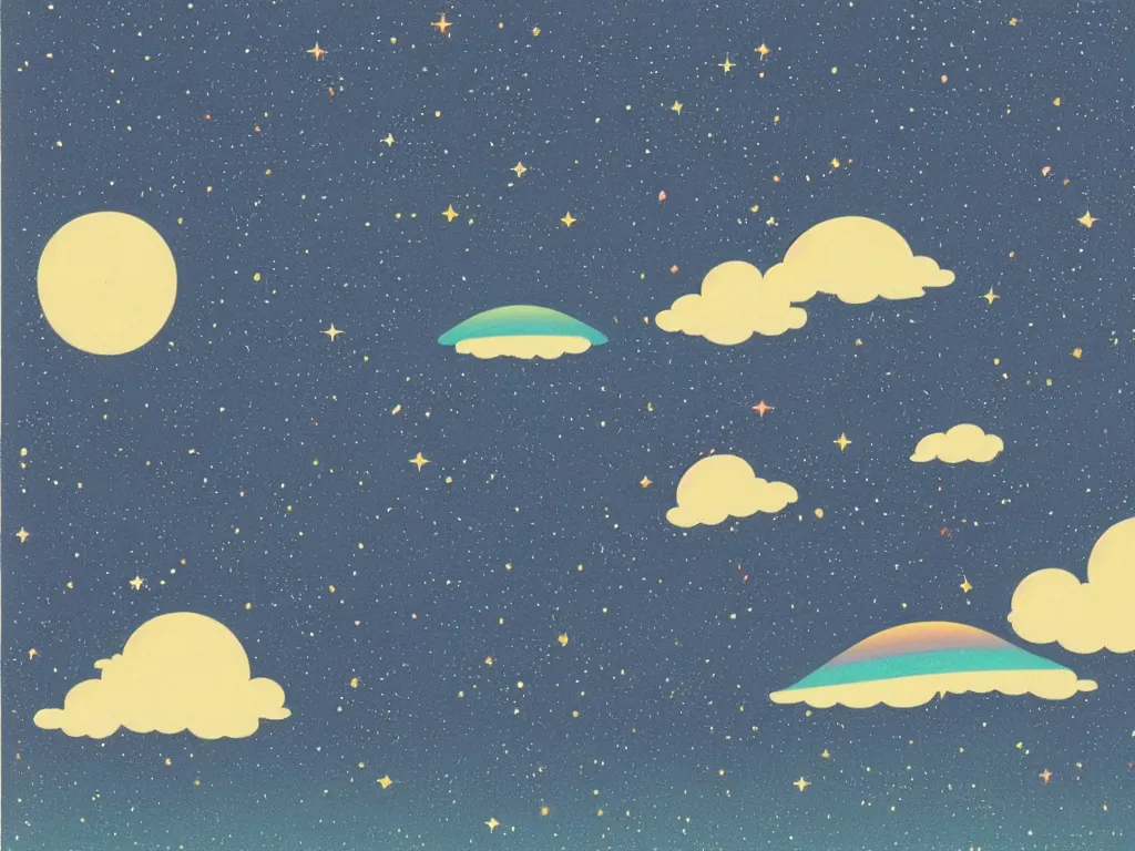 Prompt: the perfect ufo flying in space, squirting bright fluorescent liquid and small reflecting rainbow stars, flat design, screen print by Kawase Hasui and ito jakuchu