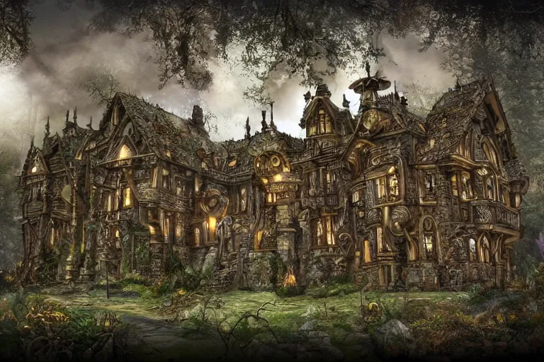 Prompt: photograph of a fantasy style woodland steampunk mansion with clockwork mechanic doors in an ancient forest