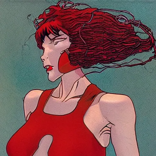 Prompt: a still of a red baired cyborg goddess by milo manara