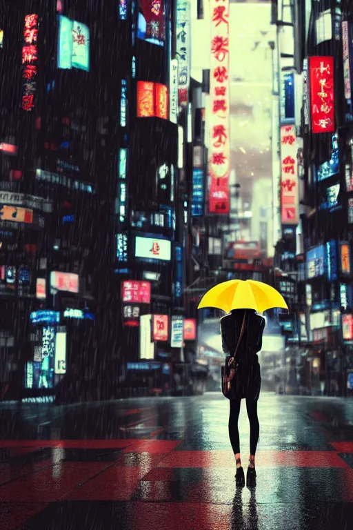 Prompt: A megan fox with an umbrella waiting to cross Shibuyas crossing in Japan, back facing the camera, rainy afternoon, beautiful volumetric lighting, intricate, digital painting, cyberpunk colours