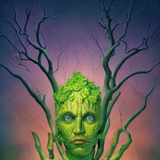 Image similar to masterpiece closeup portrait of Tree Plant-Person in a surreal dream landscape, cinematic lighting, Michael Whelan