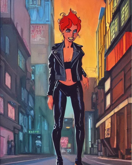 Image similar to young female protagonist in leather jacket, city street, artwork by ralph bakshi