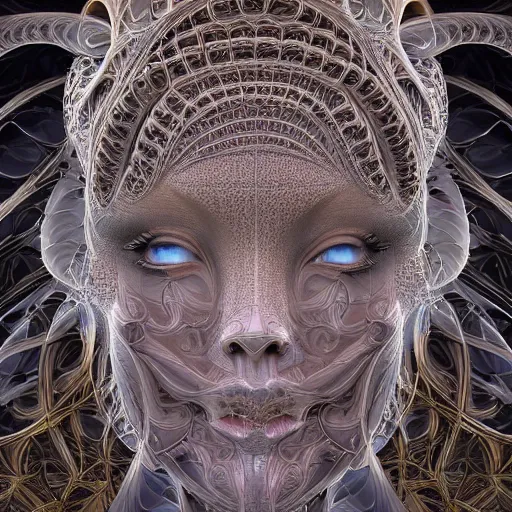 Prompt: beatifull frontal face portrait of a woman, mandelbrot fractal, symmetric, intricate, elegant, highly detailed, ornate, ornament, sculpture, elegant , luxury, beautifully lit, ray trace, octane render in the style of peter Gric and alex grey