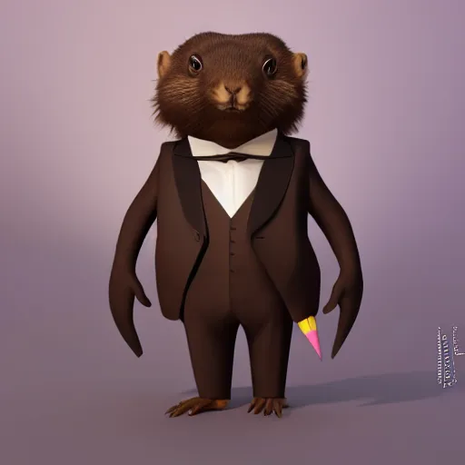 Image similar to a cute anthro brown marmot in a black business tuxedo while holding a pencil, digital art, trending on art station, character design, 3 d artistic render, octane, blender, cartoon, shadows, lighting