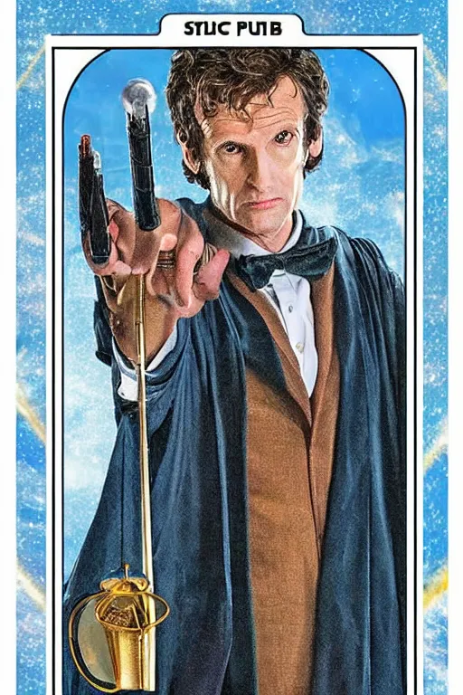 Image similar to a tarot card with the picture of doctor who from season 5, realistic, detailed, smooth,