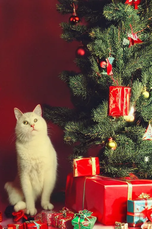 Image similar to retro photo cat in cute clothes on the background of a christmas tree with new year's toys, ussr, sovet ; kodak ektar, 2 0 0 iso, 3 5 mm lens, bill henson style beautiful chiaroscuro lighting, beautiful colour palette, beautiful and realistic, wide shot