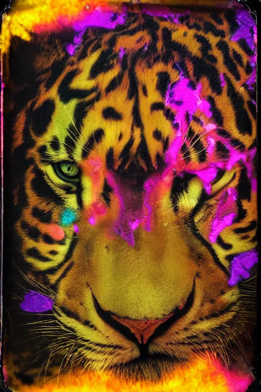 Prompt: damaged lisa frank daguerreotype, muted colours, detailed psychedelic gothic feline portrait of lion headed demonic chaos god in the service of Slaanesh , tiger stripes, leopard spots