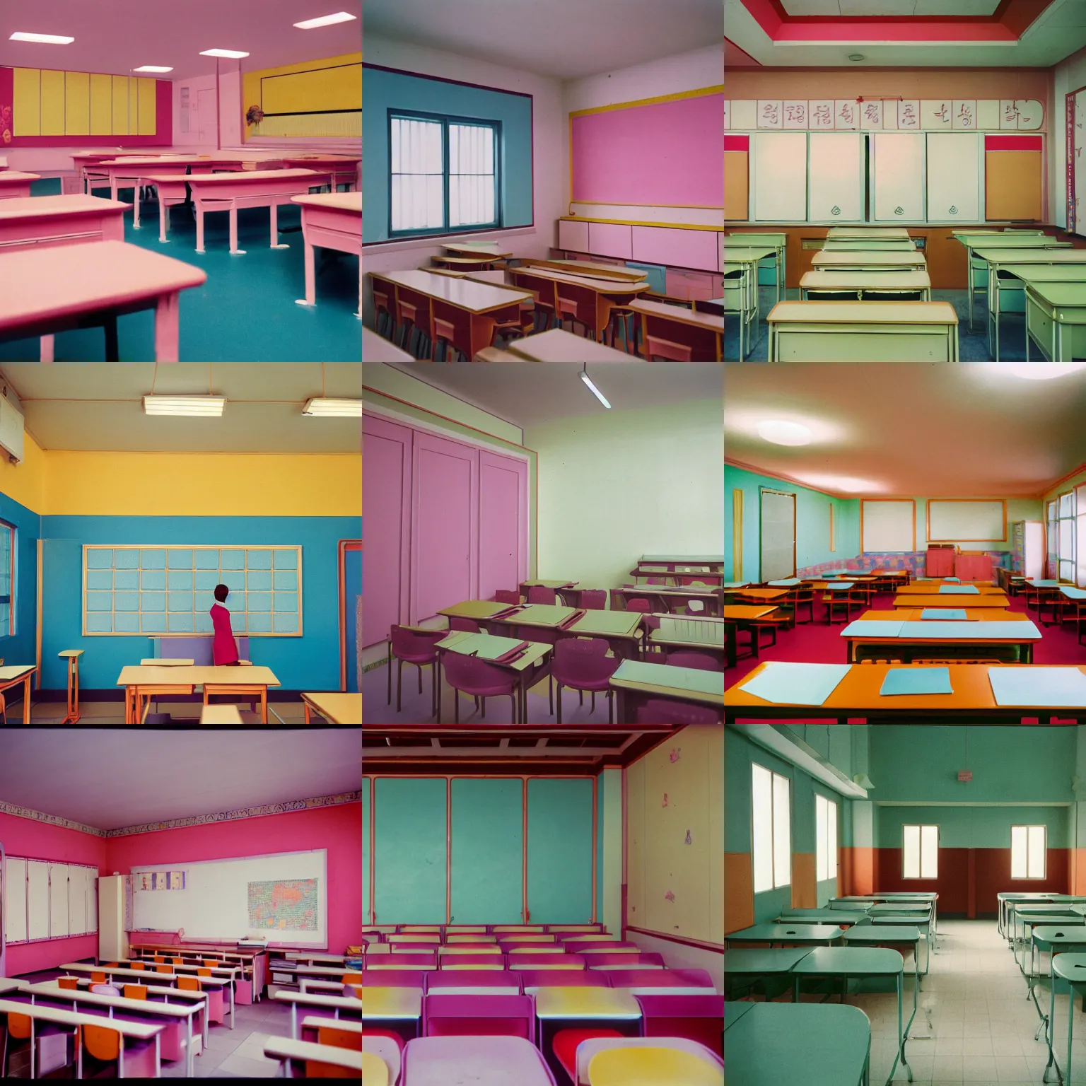 Prompt: interior of a classroom, pastel colors, pyongyang, in the style of wes anderson, 4 k photograph, kodachrome