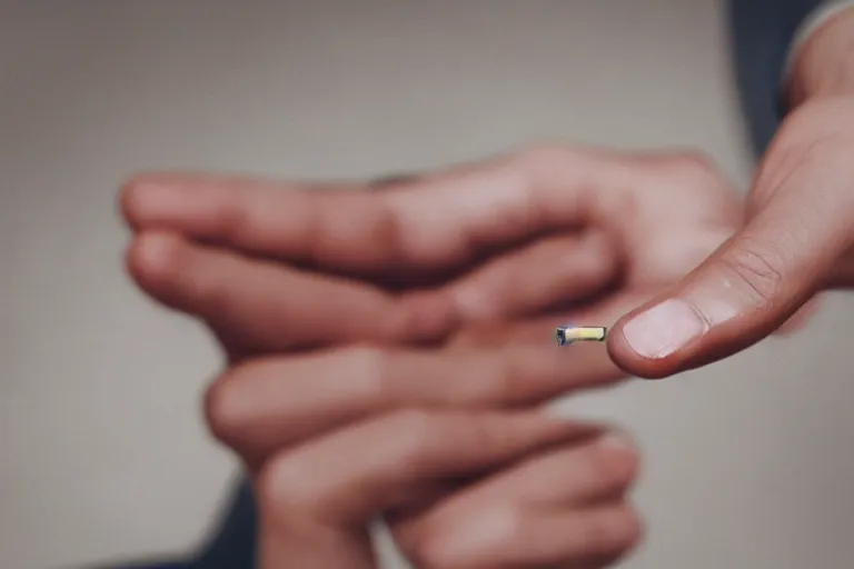 Image similar to Close-up of cigarette in five fingers, thin soft hand holding cigarette, hyper realistic, natural