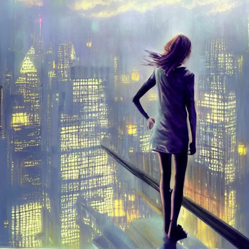 Image similar to “ a girl standing on a ledge looking down at a futuristic new york city below, storm clouds, digital art, hyper - realism, sketch by craig mullins ”