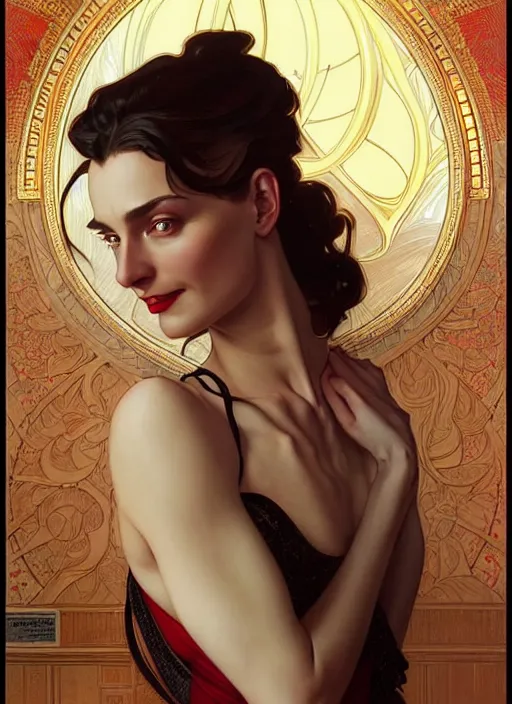 Image similar to “ daria strokous as femme fatale smiling and winking, intricate, elegant, highly detailed, digital painting, artstation, concept art, smooth, sharp focus uhd 8 k, art by artgerm and greg rutkowski and alphonse mucha ”